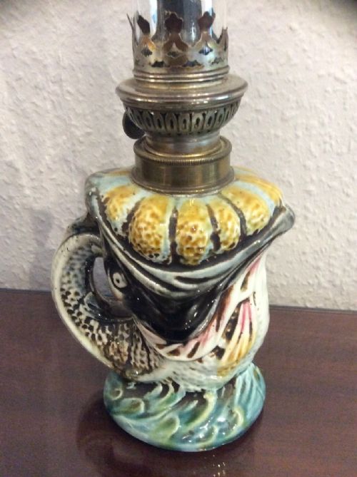 Antique French Majolica Fish Oil Lamp