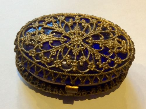 Victorian Bristol Blue Glass and Filigree Pill Box