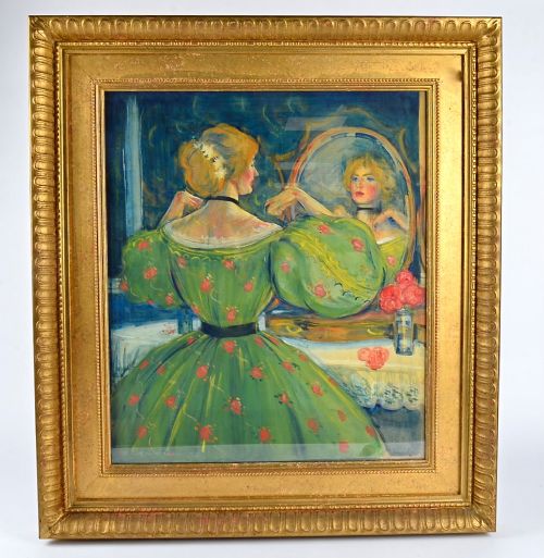 Late 19th C Watercolour, Lady Looking in a Mirror
