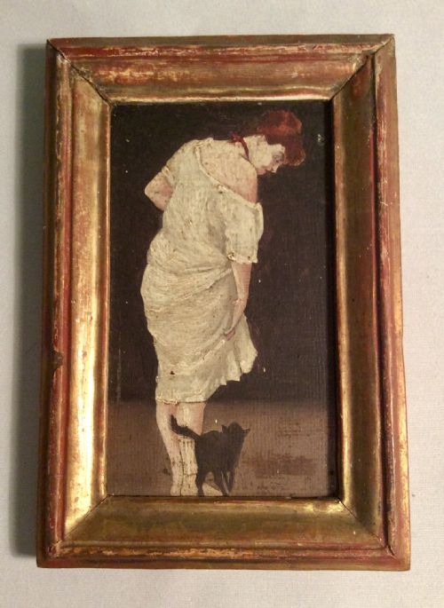 Charming Little Painting of a Lady and Her Cat