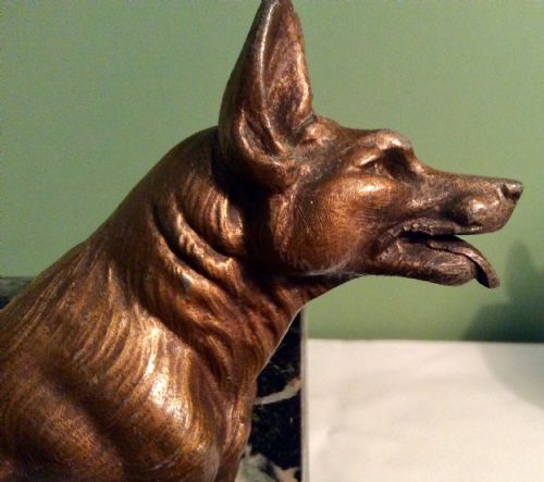 PAIR OF 1930S BRONZED SPELTER AND MARBLE GERMAN SHEPHERD BOOKENDS - ADDITIONAL PHOTO 2