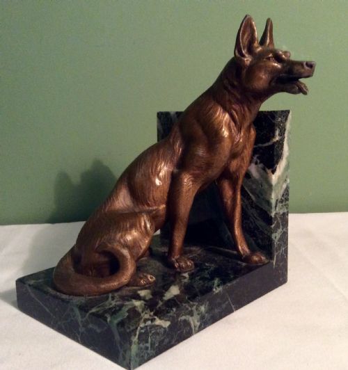 PAIR OF 1930S BRONZED SPELTER AND MARBLE GERMAN SHEPHERD BOOKENDS - ADDITIONAL PHOTO 7