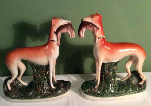 pair of large 19th century staffordshire hunting dogs - CATEGORY: ANTIQUE CERAMICS - DATED VICTORIAN