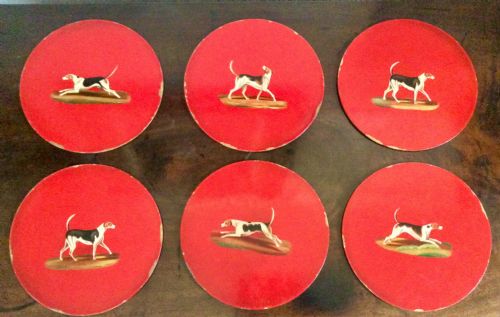 set of six 1930s red laquer hounds placemats - CATEGORY: ANTIQUE MISCELLANEOUS - DATED 1930