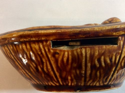 RARE TREACLE GLAZE FRENCH MONEY BANK IN THE FORM OF A CHILD IN BED - ADDITIONAL PHOTO 2
