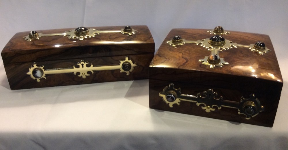 Pair of Victorian olive wood and agate boxes