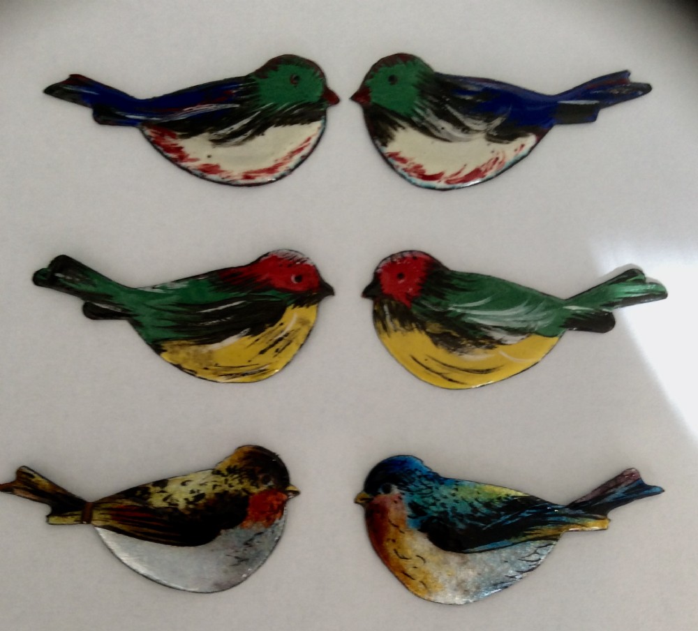 Three pairs of little French enamel Bird decorations 