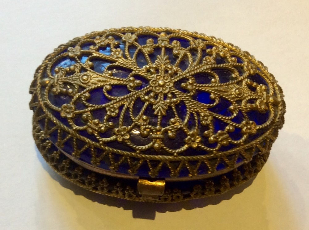 Victorian Bristol Blue Glass and Filigree Pill Box