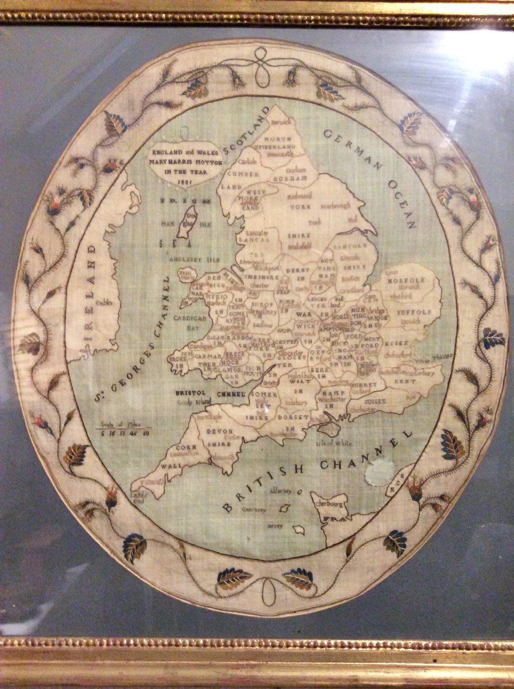 George III Silk Emroidery Map of England & Wales dated 1801