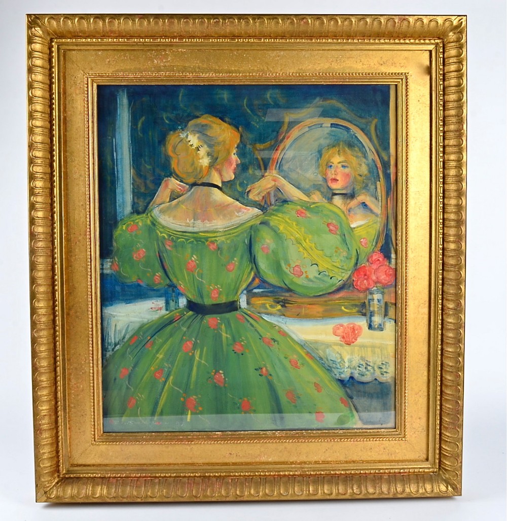 Late 19th C Watercolour, lady looking in a mirror 