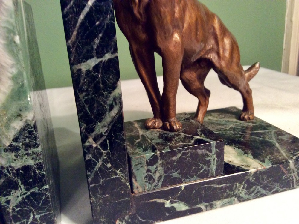 Pair of 1930s Bronzed Spelter and Marble German Shepherd Bookends View VI