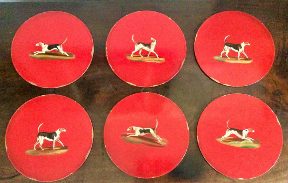 Set of six 1930s Red Laquer Hounds Placemats 