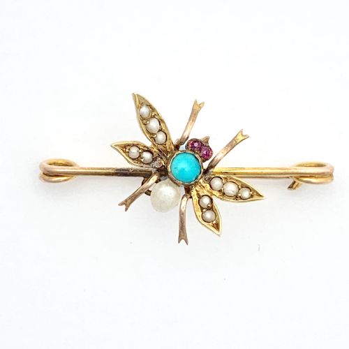 Edwardian 15ct Gold Turquoise, Pearl, Ruby Insect Brooch
