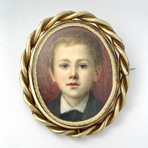 Large Victorian Hand Painted Miniature Mourning Portrait Swivel Brooch