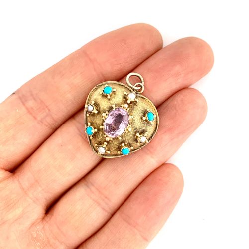 fig 1. Victorian Turquoise, Pearl, Amethyst 9CT Gold Heart Pendant