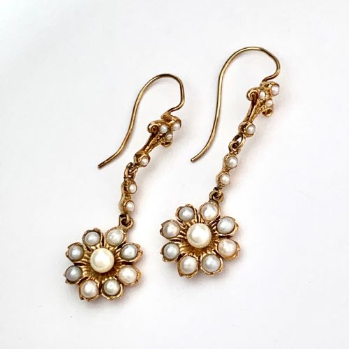 Victorian Pearl Flower Cluster Drop Earrings