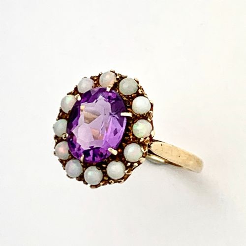 Antique Opal and Amethyst 9ct Gold Halo Ring