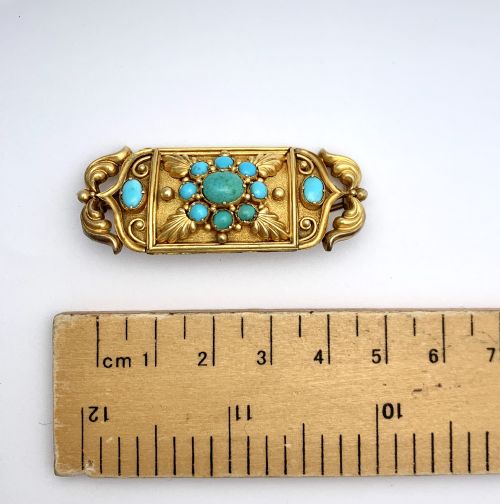 fig 1. Victorian Etruscan Revival Turquoise 15CT Gold Brooch