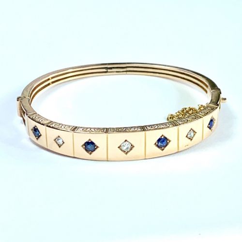 Victorian Sapphire and Diamond 15ct Rosy Gold Hinged Bangle