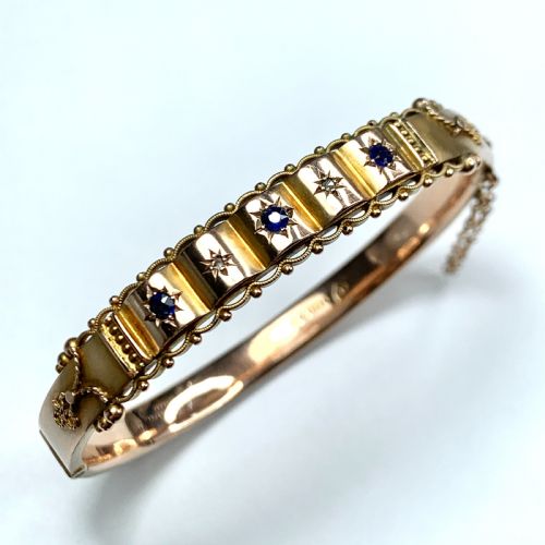 Victorian 1870 Sapphire and Diamond Gold Bangle