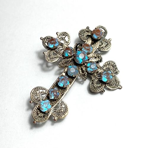 Antique Saphiret Silver Filigree Crucifix Brooch