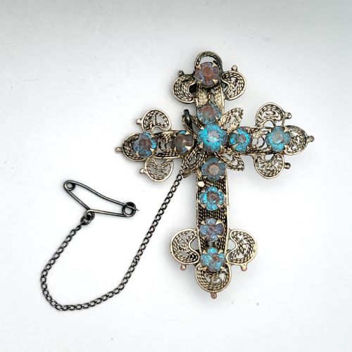 fig 1. Antique Saphiret Silver Filigree Crucifix Brooch