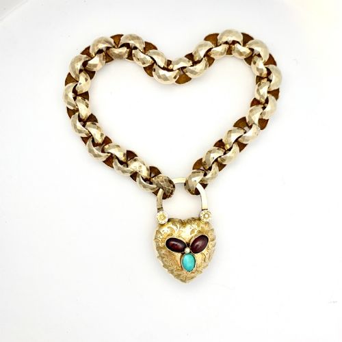 Victorian 15ct Gold Mourning Bracelet with Garnet and Turquoise Padlock