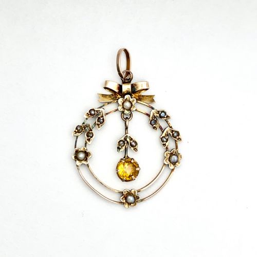 Edwardian 9ct Gold Citrine and Pearl Bow and Flowers Pendant
