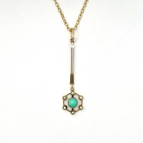 Edwardian-art Deco 9ct Gold Turquoise and Pearl Vertical Bar Pendant Necklace