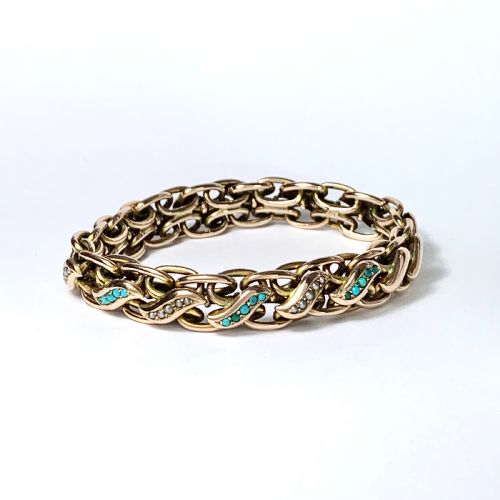 Victorian Turquoise and Pearl 9ct Rose Gold Expansion Bracelet