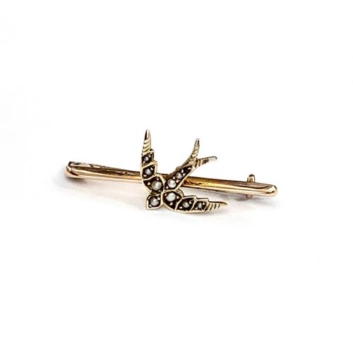 Edwardian 1906 Pearl Swallow Brooch in 9ct Gold
