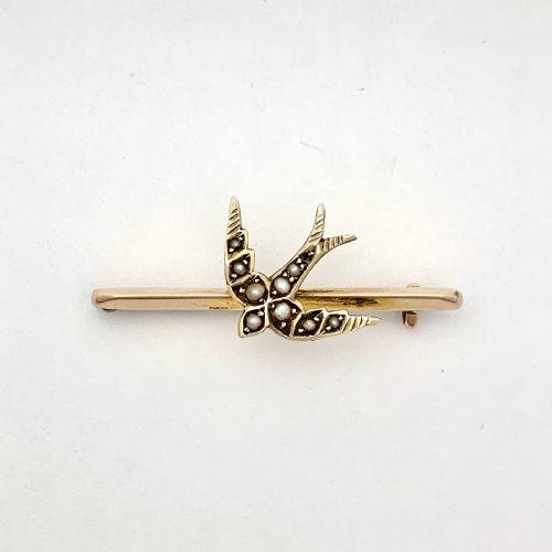 fig 1. Edwardian 1906 Pearl Swallow Brooch in 9CT Gold