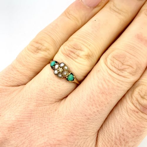 fig 1. Victorian 15CT Gold Diamond, Turquoise and Pearl Posy Ring with Locket Compartment