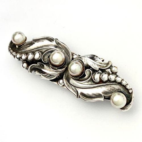 Vintage Silver Overlay Georg Jensen Style Pearl Brooch • Duette Dress Clips