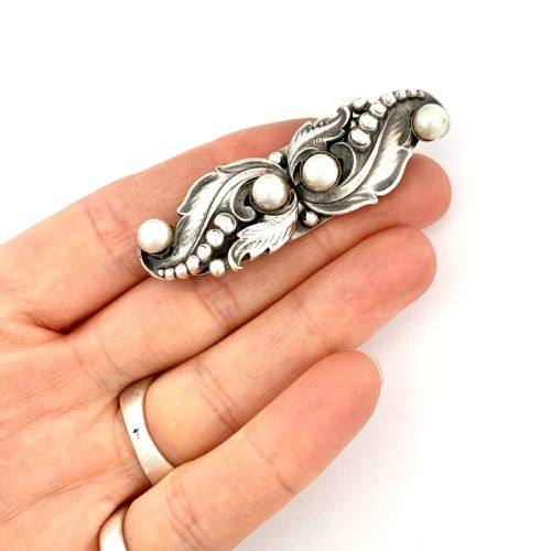 fig 1. Vintage Silver Overlay Georg Jensen Style Pearl Brooch • Duette Dress Clips