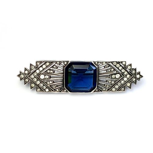 Art Deco Sterling Silver Sapphire Paste Brooch