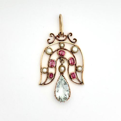 Antique Aquamarine and Pearl Pendant in 9ct Rose Gold