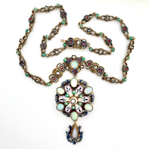 Antique Austro-hungarian Opal, Pearl and Enamel Silver Gilt Necklace