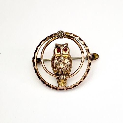 Art Deco Rose Gold Owl Brooch with Ruby Paste Eyes