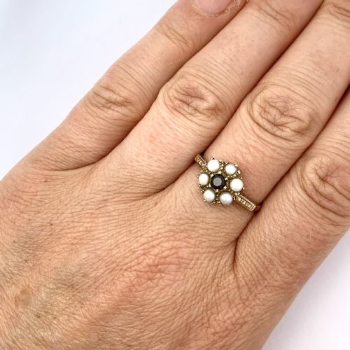 fig 1. Vintage 9CT Gold Pearl and Garnet Victorian Style Posy Ring