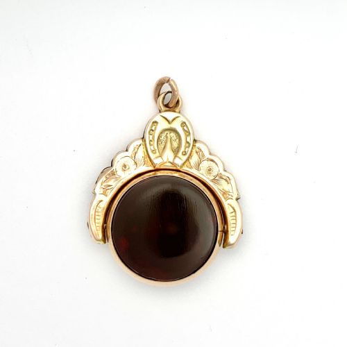 Large Victorian 1900 Bloodstone Horseshoe Swivel Fob Pendant in 9ct Rose Gold