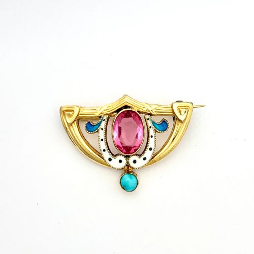Art Nouveau French 18ct Gold Fix Enamel Brooch with Turquoise