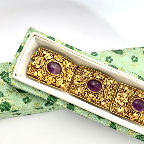 fig 1. RESERVED for NC • Chinese Late Art Deco Amethyst Silver Gilt Filigree Bracelet