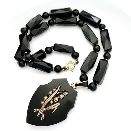 Victorian French Jet and Pearl Lily of the Valley Locket Necklace