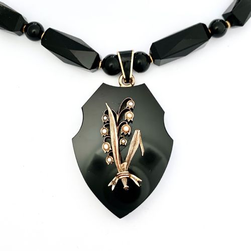 fig 1. Victorian French Jet and Pearl Lily of the Valley Locket Necklace