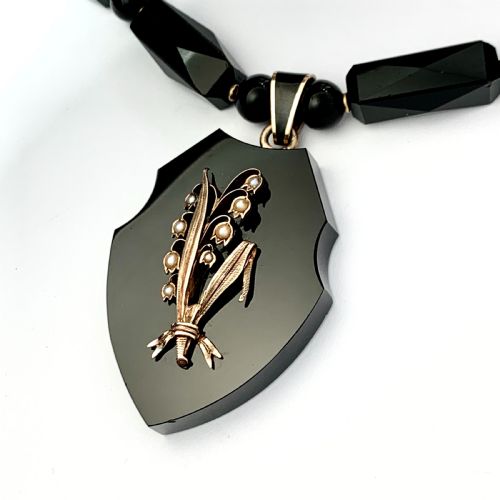 fig 2. Victorian French Jet and Pearl Lily of the Valley Locket Necklace