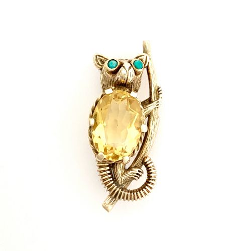 Vintage 9ct Gold Turquoise Citrine Bush Baby Brooch