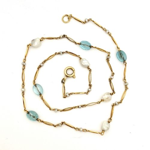 Murrle Bennett Arts and Crafts 9ct Gold Aquamarine and Pearl Necklace