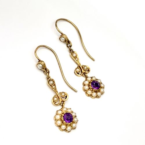 Edwardian 15ct Gold Amethyst Pearl Flower Earrings