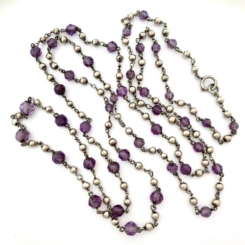 Very Long Antique Arts and Crafts Amethyst Silver Bead Necklace